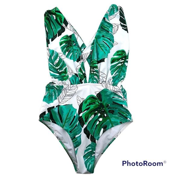 Cupshe Swim Cupshe Plunging Neckline White Green Tropical Leaves